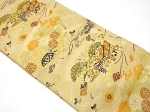 アンティーク　扇に花車・鶴模様織り出し丸帯（材料）